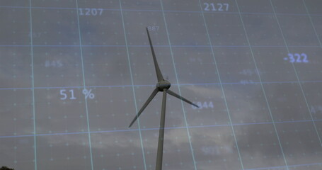 Displaying three-blade wind turbine spinning in rural area, with digital grid overlay of data