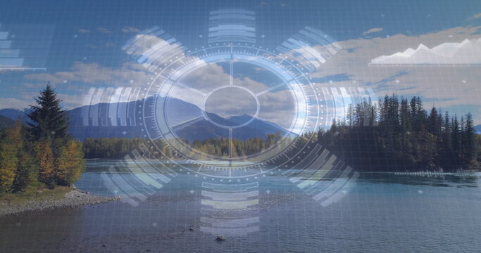 Fototapeta Displaying translucent overlay floating above mountain lake with pine shore and distant peaks