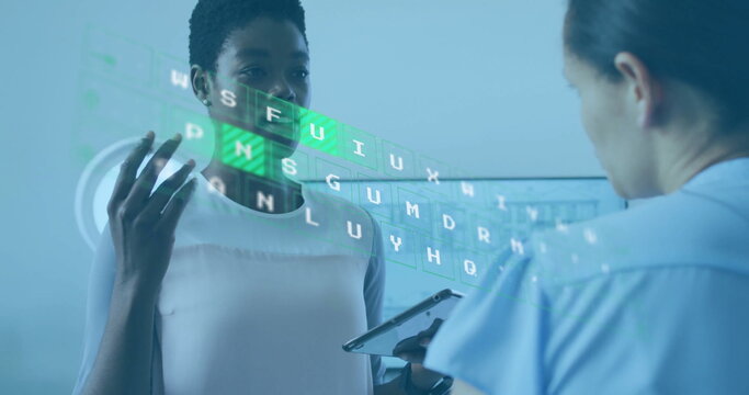 Manipulating hologram grid, Hispanic patient raising hand in clinic, with tablet and curved panel