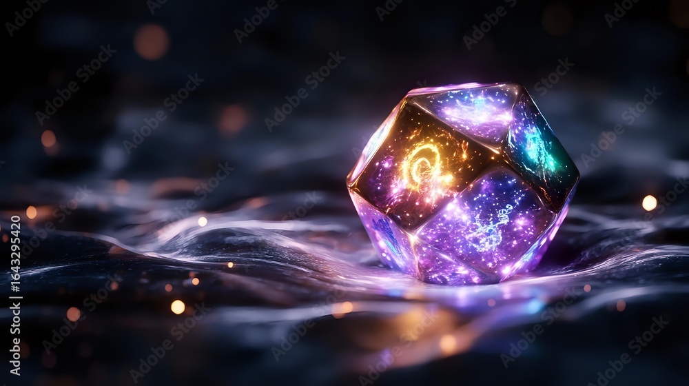 Poster glowing magical crystal polyhedron with cosmic galaxy effects inside resting on mystical wavy surfac