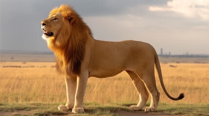 Obraz premium Majestic lion standing proud against a dramatic sky in an expansive golden grassland landscape