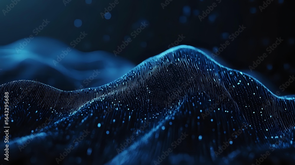 Poster abstract digital wave pattern with glowing blue particles and flowing lines creating dynamic motion 