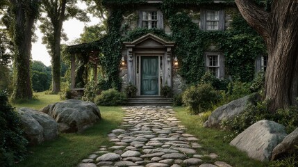 The inviting stone path draws you toward a vintage gate wrapped in ivy, with the farmhouse ahead bathed in golden natural light, offering a peaceful rural atmosphere.