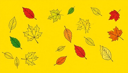 Fototapeta premium Autumnal Leaf Scatter: Vibrant Colored Leaves Against a Bright Yellow Backdrop Creating a Sense of