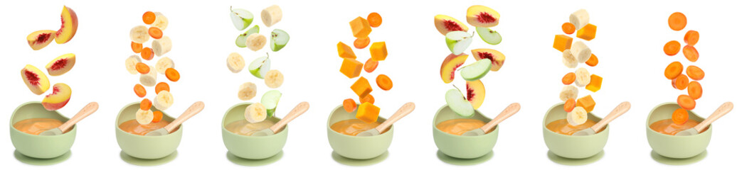 Baby food. Different fresh ingredients falling into bowls with puree against white background, set
