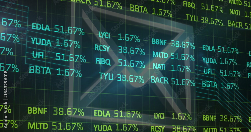 Poster displaying stock tickers with percentages over dark grid trading board, showing triangular overlay