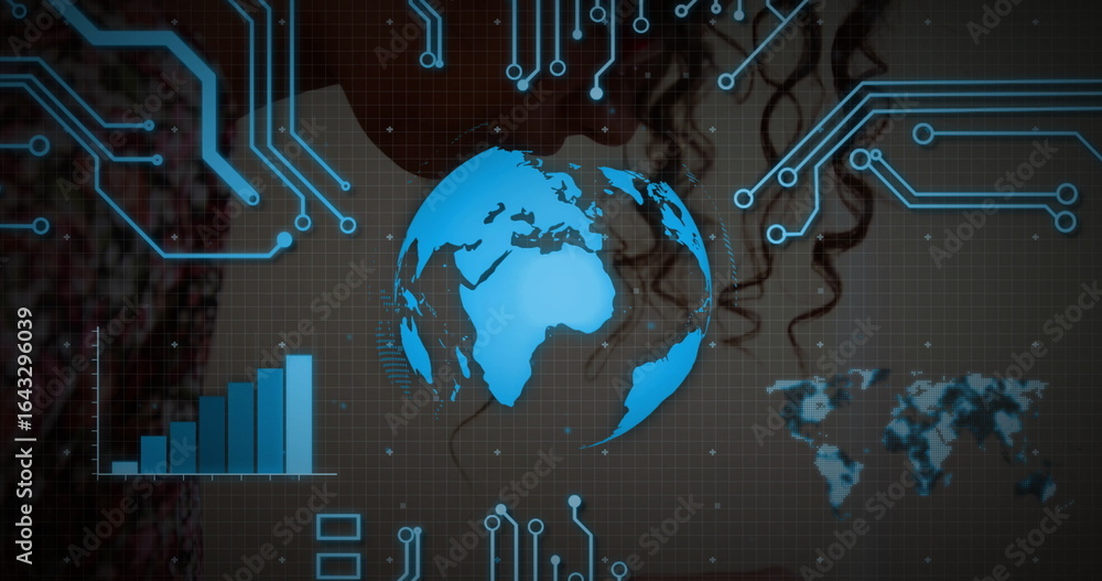 Poster pulsing central globe radiating neon-blue circuits on dark grid, with bar chart and world map