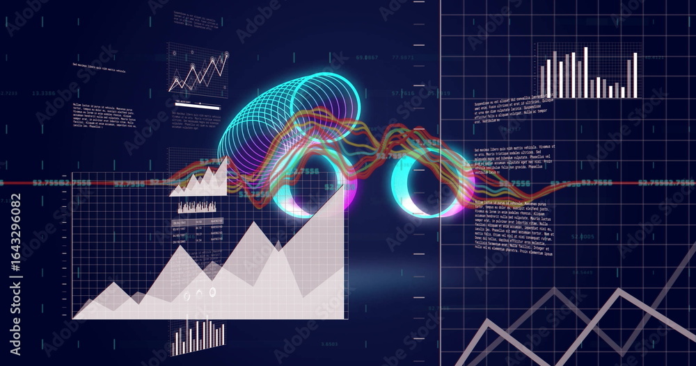 Poster neon 3d torus rings crossing waveform lines in data dashboard, with area bar charts, code snippets