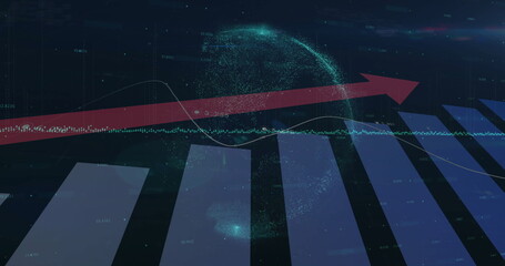 Rising red arrow pointing upward in 3D data environment, with holographic globe and blue bars