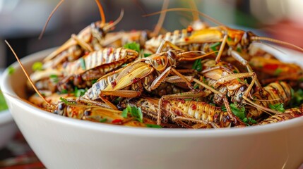 A dish of fried insects seasoned with herbs and spices. Useful for articles on unusual culinary traditions and exotic cuisine.