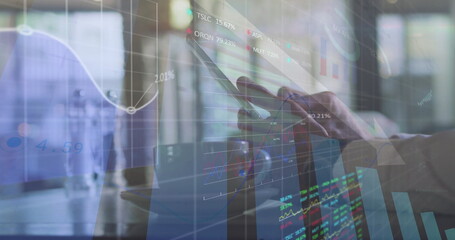 Interacting suit-jacketed hands navigating smartphone screen in office with financial data overlays