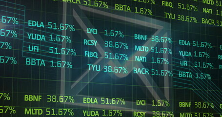 Displaying stock tickers with percentages over dark grid trading board, showing triangular overlay