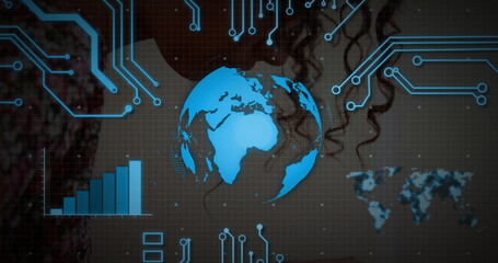 Pulsing central globe radiating neon-blue circuits on dark grid, with bar chart and world map