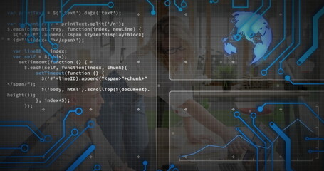 Coding developers using laptop and smartphone in living room, showing circuit graphics, copy space