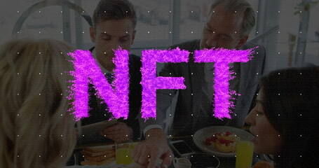 Four executives holding breakfast meeting in café, with fruit plates, coffee cups and smartphone