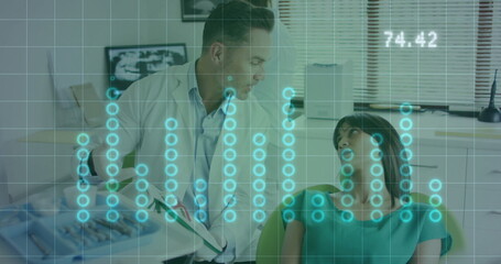 Dentist holding clipboard leaning toward patient on dental chair in clinic, with turquoise overlay