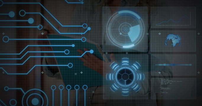 Reviewing tablet data, doctor wearing scrubs and stethoscope in clinic, with circuit overlay panels