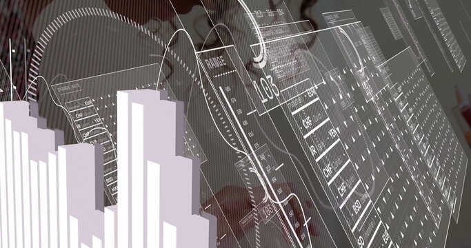 Holding stylus pen, female hand tapping touchscreen at office, with 3D bar graphs, currency tables