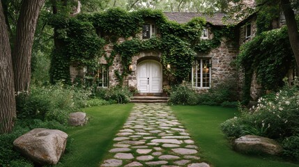 A front-facing view showcases a stone walkway leading to an ivy-draped farmhouse gate, with the home behind glowing under beautiful, soft daylight, creating a warm welcome.
 