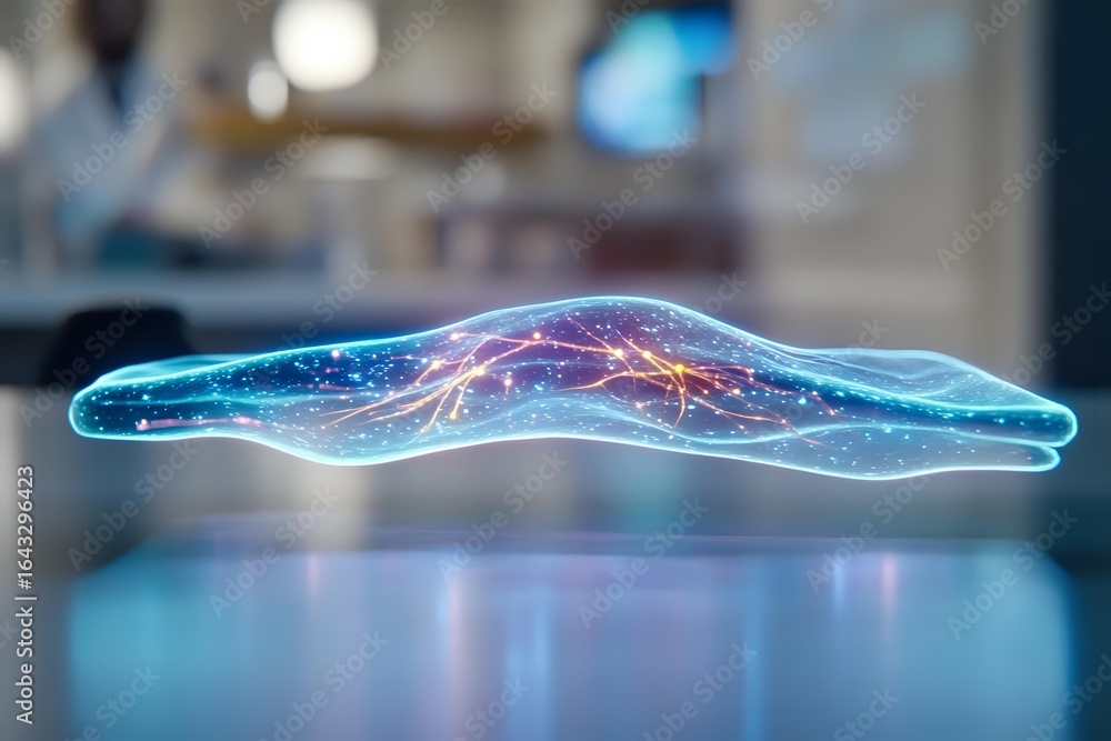 Poster glowing holographic arm with visible nerve pathways and anatomical structure floating in space again