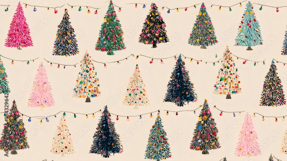 Poster multicolored pine trees intertwined with glowing string lights, forming cheerful holiday themed back