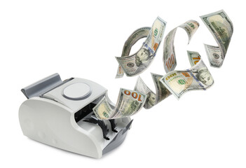 Money counter machine and flying dollar bills on white background © New Africa