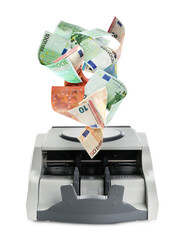 Money counter machine and flying euro bills on white background