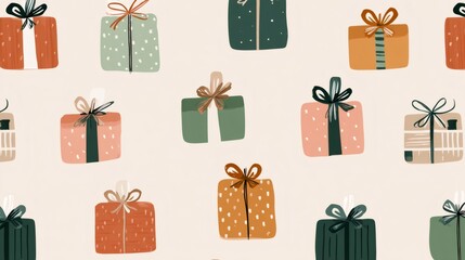 Seamless pattern with colorful christmas gift boxes with ribbons and bows, perfect for wrapping paper or festive decorations