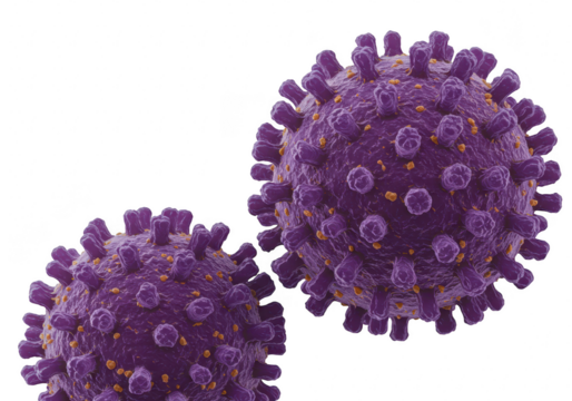 Closeup 3d render of two purple coronavirus particles with spikes, isolated on transparent background