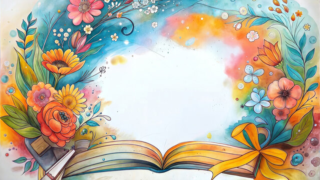 Vibrant watercolor floral frame with an open book and bright colors  