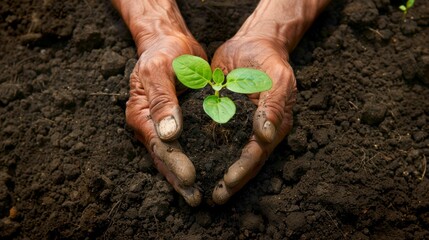 Hands holding a young sprout in the soil, symbolizing growth and caring for nature. Useful for environmental projects, gardening articles and nature education materials.