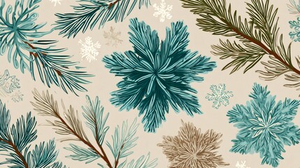 Naklejka premium Warm beige background adorned with interconnected pine branches and delicate snowflakes creating festive winter holiday seamless pattern design