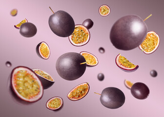 Fresh passion fruits swirling in air against color gradient background