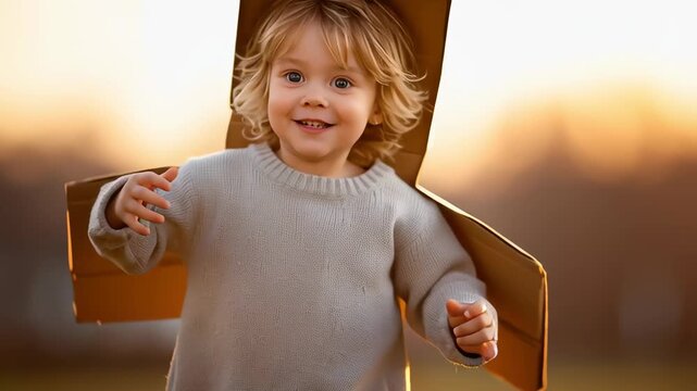 Child with blonde hair runs joyfully in sunlit grassy field wearing a cardboard box as wings. Warm glow from sunset creates magical atmosphere. Concept of childhood, imagination, outdoor play