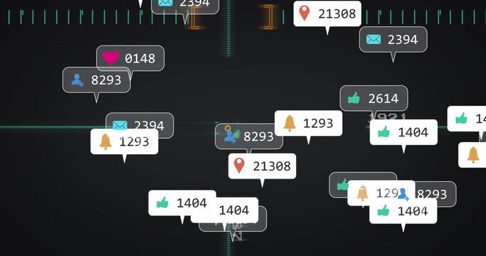 Displaying cluster of floating notification bubbles hovering over dashboard with green grid