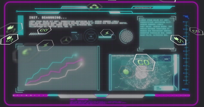 Displaying holographic dashboard showing pseudo-code and graph panels on dark grid with hex icons