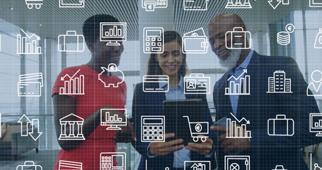 Collaborating business team using smartphones and tablet in office with finance icons overlay