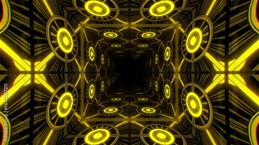 Poster abstract tunnel with glowing yellow circular designs receding into a dark vanishing point, creating 
