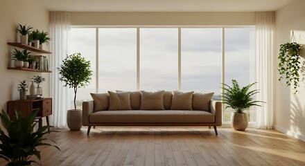 Fototapeta premium living room interior with large floor to ceiling windows, walnut sofa, and indoor plants