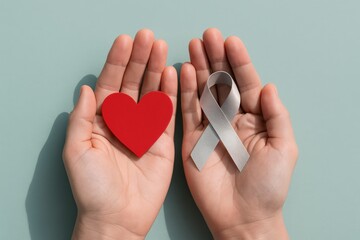 Obraz premium Hands Offering Heart and Awareness Ribbon Symbolizes Compassion, Hope, and Solidarity for Promoting Wellness and Supporting Medical Research.