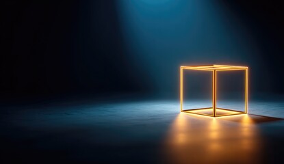 Empty glowing golden cube on dark floor