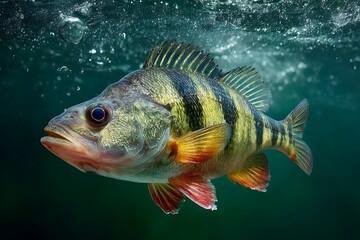 Fototapeta premium Fishing trophy with large perch on green background 