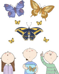 children and butterflies vector illustration