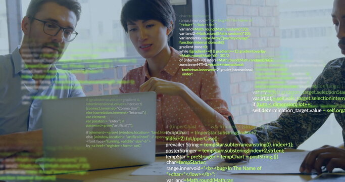 Collaborating tech professionals analyzing code at conference table, with laptop and coffee mug - Powered by Adobe
