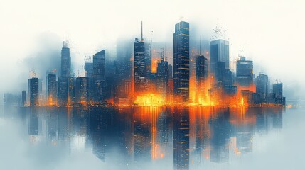 Fototapeta premium Burning city skyline reflected in water, apocalyptic scene.
