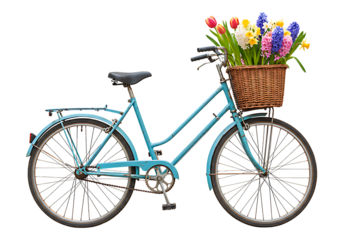Vintage bicycle with basket of spring flowers transparent