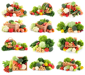 Fresh vegetables in piles on white background, set