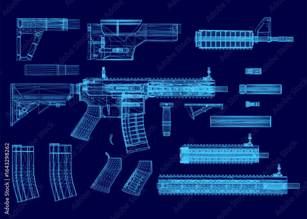 Poster detailed blueprint of an rifle with modular components on a blue background. the wireframe design hi