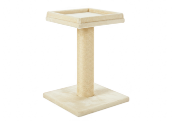 Beige cat scratching post tower with sisal rope and platform, isolated on transparent background