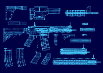 Detailed blueprint of an rifle with modular components on a blue background. The wireframe design highlights the barrel, magazine, and other key parts.